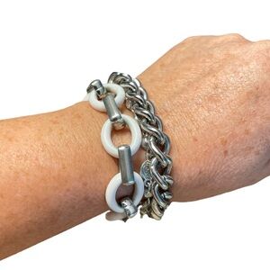 Lia Sophia 3 Stand Chain Statement Bracelet Silver and White